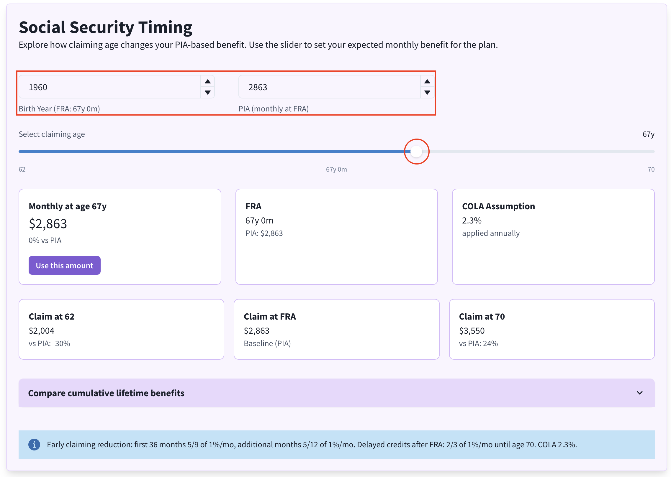 Social Security timing slider